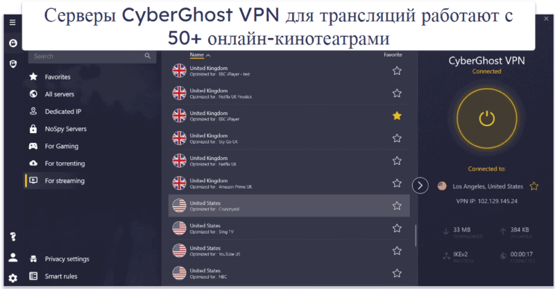 🥈2. CyberGhost VPN — очень хороший VPN для стриминга (с бесплатной пробной версией и 45-дневной гарантией)