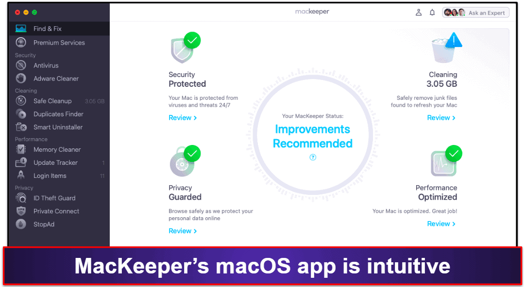 Prima. Mackeeper-Antivirus intuitivo y rico en funciones para Mac