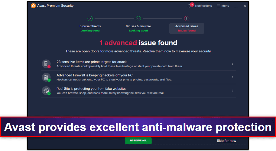 Caractéristiques de sécurité antivirus Avast